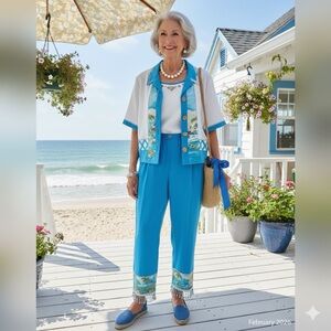 Nancy Bolen City Girl Vintage 3pc Set Coastal Tropical Blue White Beaded Style
